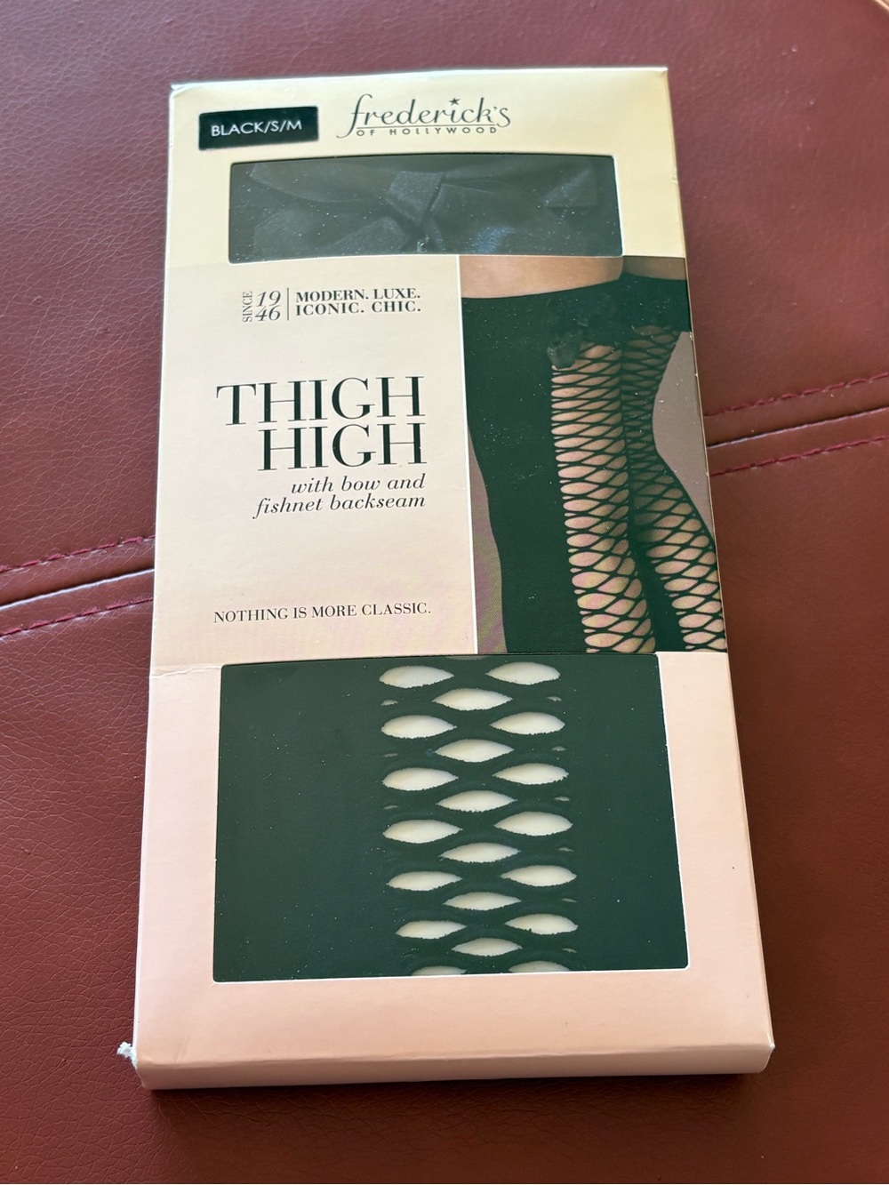 Fredericks of Hollywood thigh high with bow and fishnet backseam black s/m